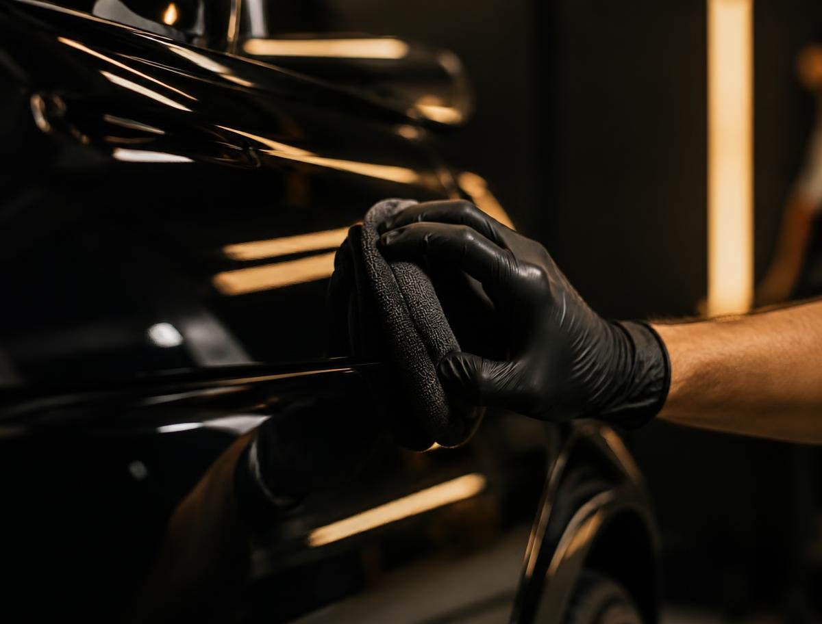 Detailer polishing a glossy black car panel